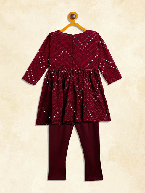 Vastramay SISHU Girl's Maroon Mirror Kurta Pyjama Set